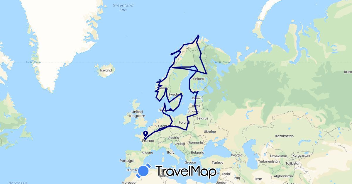 TravelMap itinerary: driving in Germany, Denmark, Estonia, Finland, France, Lithuania, Luxembourg, Latvia, Norway, Poland, Sweden (Europe)